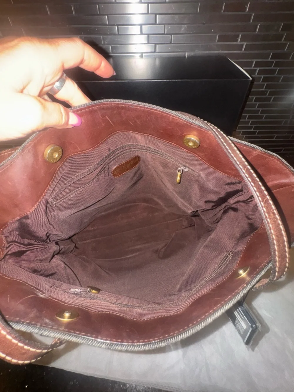 CHANEL Dark Gray Denim Tote with Brown Leather Straps - Picture 6 of 16